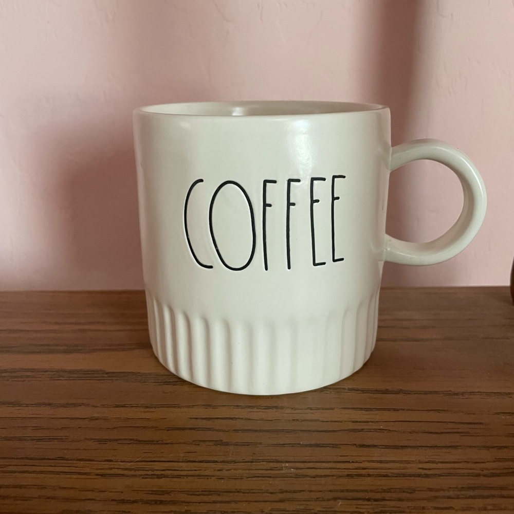 Rae Dunn Mug Drink Coffee Cup Large Embossed Ribbed Script White Magenta Artisan